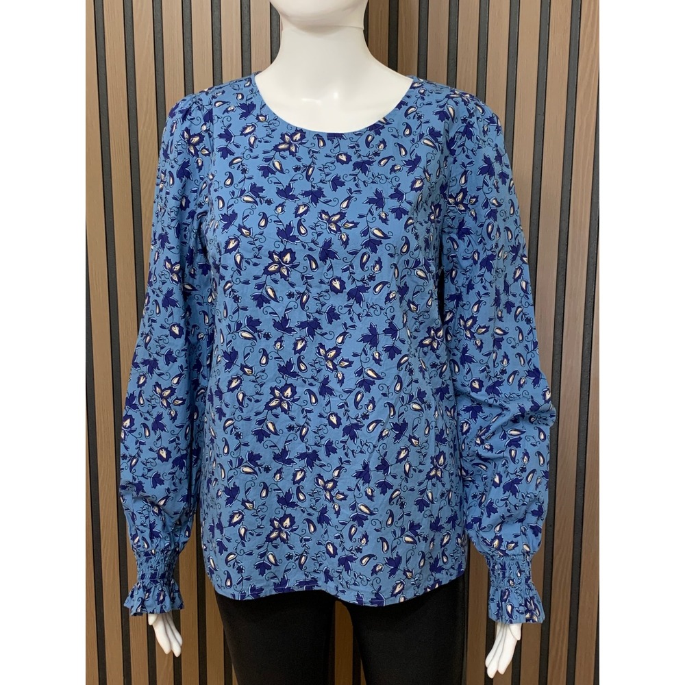 J.Crew Blue Floral Paisley Smocked Cuff Blouse Long Sleeve Top M Classic